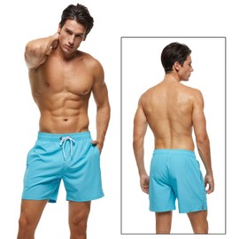 Tyhengta Men's Stretch Swim Trunks Quick Dry Beach Shorts with Zipper Pockets and Mesh Lining Sky-Blue 32