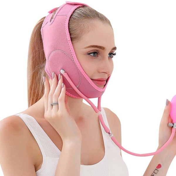 MYSHA - V face mask, 65 x 24 x 1 cm, pink, anti-wrinkle, face slimming mask with air cushion, tighten chin, remove double chin, facelifting belt