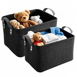 YDAKGUEY 2 PCS Felt Fabric Baskets, Large Open Fabric Bins with Handles for Organizing Clothes, Baby Products, Books, Laundry Baskets for Office Wardrobe Bookshelf Bedroom Toys - Black