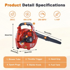 Handheld Leaf Blower, Gas Leaf Blower, 28cc 1.1 HP 2-Cycle 490 CFM Air Volume 180 MPH Powerful Lightweight Gas Blower Cruise Control for Yard, Ergonomic Design