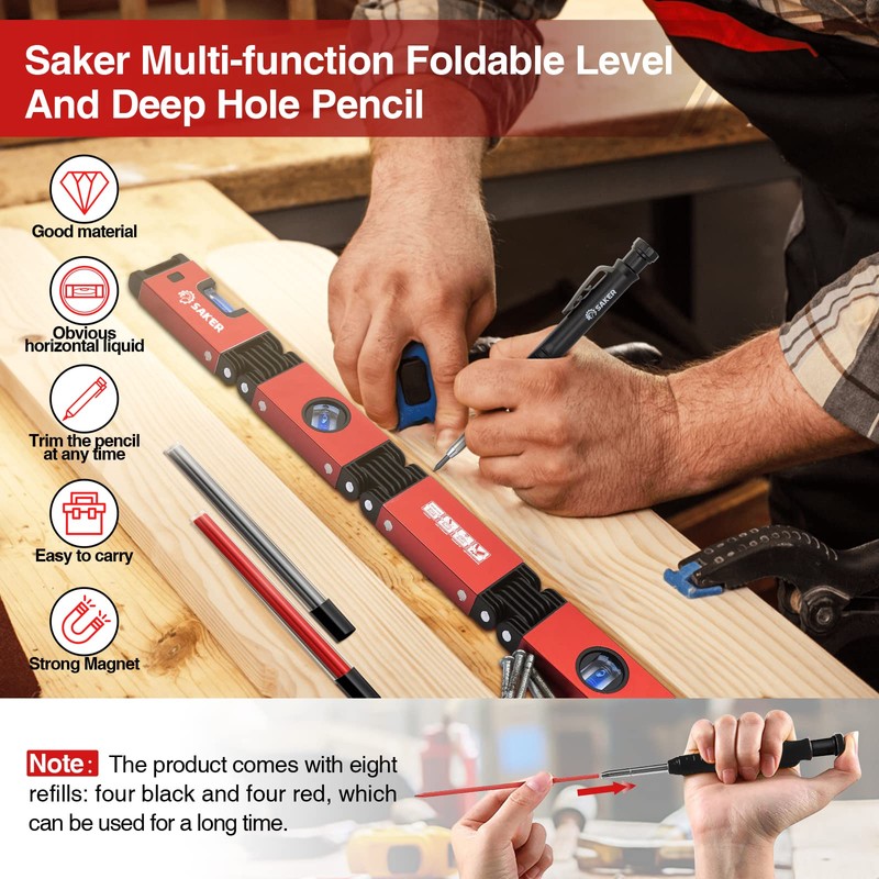 Saker Multi-Function Foldable Level and Deep Hole Pencil Set,Perfect Set