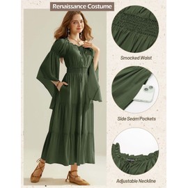 Scarlet Darkness Renaissance Costume Women Off Shoulder Bell Sleeve Tiered Maxi Dress Olive Green XL