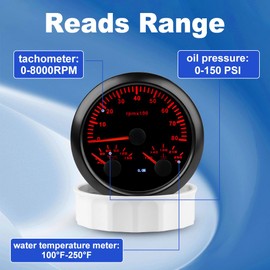 WATERWICH 85mm 3 in1 Car Meter 7 Colors Tachometer 8000 RPM + Oil Pressure Gauge 0-150PSI + Water Temperature Gauge 100°F-250°F for Truck Boat Vehicle Marine