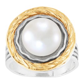 Silpada 'Charming Trio' Sterling Silver with 14K Yellow Gold Plating Freshwater Pearl Ring, Size 10, Size 10