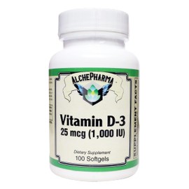 AlchePharma Vitamin D-3 25 mcg (1,000 IU) from Lanolin in a Base of Safflower Oil (100 Soft Gels)