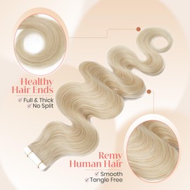 Elailite Wavy Tape in Hair Extensions Human Hair Body Wave Real Remy Hairpieces Platinum Blonde 14 Inch 40g 20pcs Invisible Seamless Skin Weft Best Tape for Women