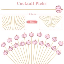 JarThenaAMCS 100Pcs Fall Cocktail Picks Pink Pumpkin Bamboo Toothpicks Cute Long Cocktail Appetizer Skewers for Autumn Thanksgiving Fruit Drink Dessert Party Supplies
