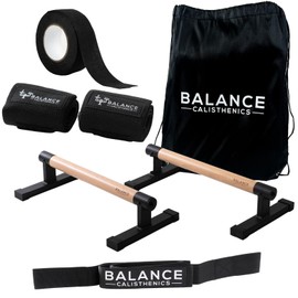 BALANCE CALISTHENICS Pro Metal Wooden Parallettes Push Up Bars Bundle With Bag, Grip Tape, Wristwraps, Paralettes, Strap | Dip Bar Handles 2pcs Paralette Handstand Non-Slip Base Exercise Handle For