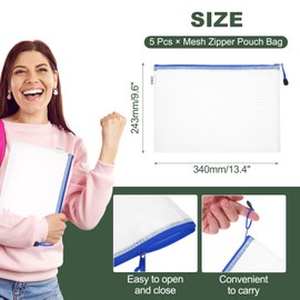 M&G Mesh Zipper Pouch Bag 13.4"x9.6", 5pcs Waterproof File Bag A4 Letter Size Document Organizing Storage for Office Supply Puzzle Cosmetic Travel, Blue