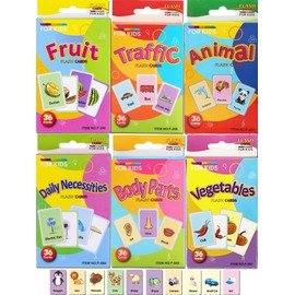Femtos Flash Cards English Words Set of 6 (216 Pieces) Basic English Words English Flash Cards (Animals, Fruits, Vegetables, Daily Items, Vehicles, Body Parts) Toddler Preschool Elementary School