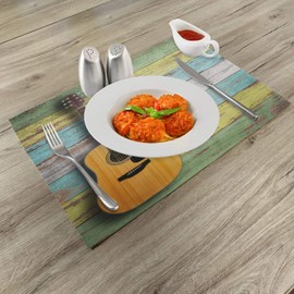 Ambesonne Music Place Mats Set of 4, Acoustic Guitar on Colorful Painted Aged Wooden Planks Rustic Country Design Print, Washable Fabric Placemats for Dining Table, Standard Size, Green Yellow