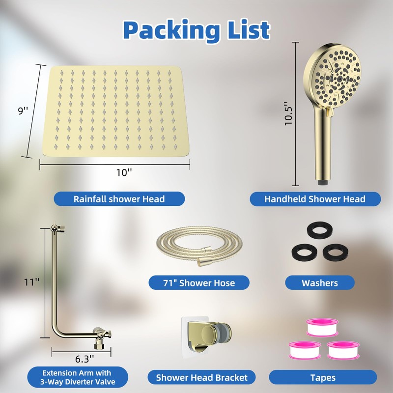 All Metal Shower Head, 10" High Pressure Rainfall/Handheld Shower Combo