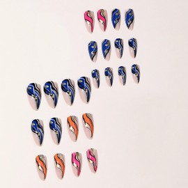 MERVF Almond Press on Nails Medium Fake Nail Colorful Lines Glue ons Acrylic Nails Glitter Swirls Design Stiletto Supplies DIY Manicure Glossy 24pcs
