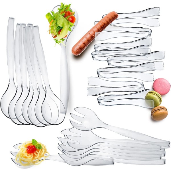 Set of 12 - Heavy Duty Disposable Plastic Serving Utensils, Four 10” Spoons and Forks, Four 6-1/2” Tongs,Clear