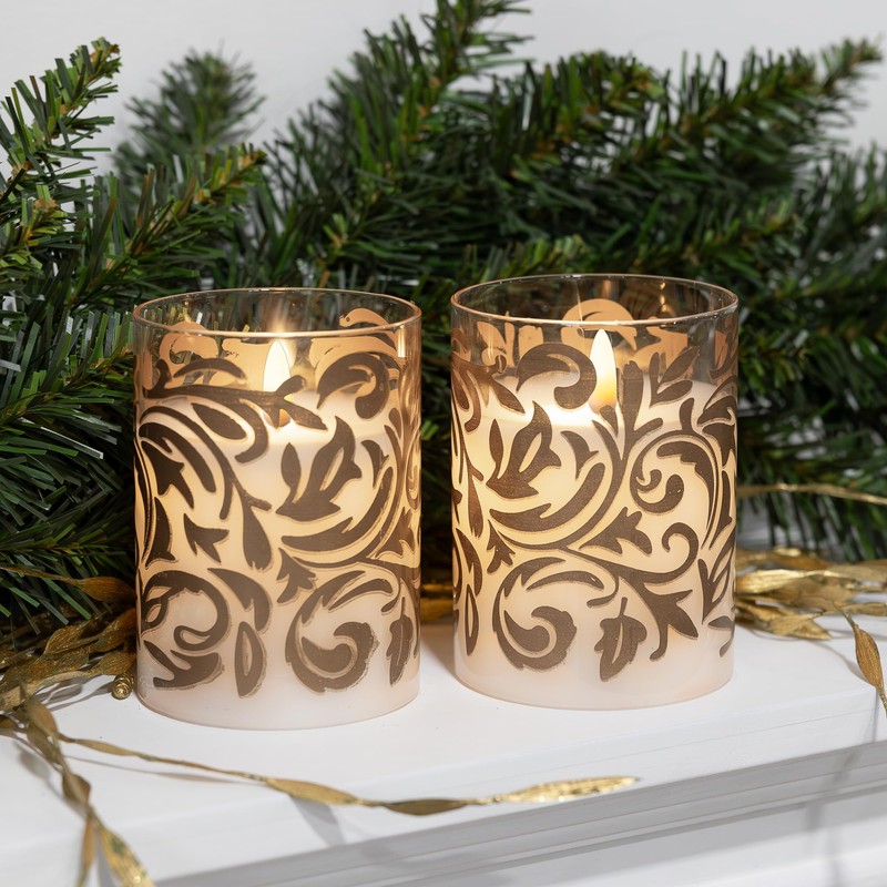 LumaBase Battery Operated LED Glass Candles with Flickering Flame, Gold