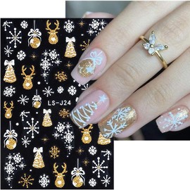4 Sheets Christmas Nail Stickers for Nail Art Micro Relief Gold Snowflake Nail Art Stickers Gold Glitter Elk Bells Design Winter Xmas Nail Decals for Women Girls New Year Holiday Nail Decoration