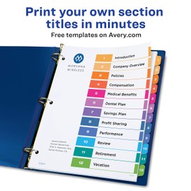 Avery 12-Tab Dividers for 3 Ring Binders, Customizable Table of Contents, Multicolor Tabs, 3 Sets (11073)