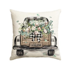 AVOIN colorlife Spring Eucalyptus Leaves Truck Throw Pillow Cover, 18 x 18 Inch Cotton Buffalo Plaid Cushion Case Decoration for Sofa Couch