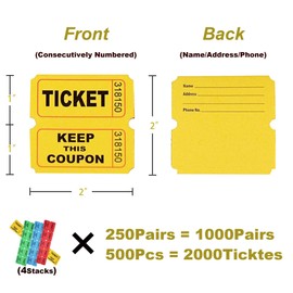 Homrelaxy 2000 Pcs 1000 Pairs Raffle Tickets, 50/50 Double Raffle Tickets, 250 Double Tickets Per Stack, for Events, Entry, Carnivals, and Door Prizes (Blue/Red/Green/Yellow)