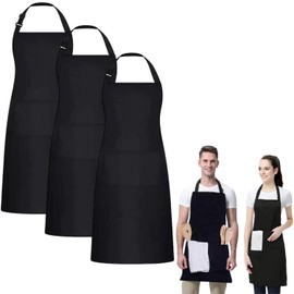 3 Piezas Delantal de Cocina, Delantales Ajustable para Mujeres Hombres, Mandil Chef Negros Resistente, Mandiles Impermeable para Jardinería Restaurante Barbacoa Hornear Cocinar