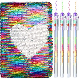 Outus Sequin Girls Journal Set with 4 Pieces Color Gel Ink Pens Reversible Diary Flip Sequin Notebook Glitter Writing Journal for Girls Teens End of The Year Gifts(Rainbow Color,Heart)