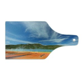 Lunarable Yellowstone Cutting Board, Vibrant Colors of Grand Prismatic Spring in Parkland USA Scenery, Decorative Tempered Glass Cutting and Serving Board, Wine Bottle Shape, Multicolor