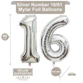 40 Inch Silver 16 Number Balloons Giant 16 or 61 Balloons Silver Birthday 16 Balloons 16th Birthday Anniversary Party Decorations Supplies