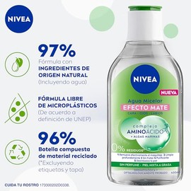 NIVEA Agua Micelar Efecto Mate (400 ml) - Frmula Vegana con Complejo Aminocido que Remueve Maquillaje a Prueba de Agua, Limpia y Refresca la Piel -...