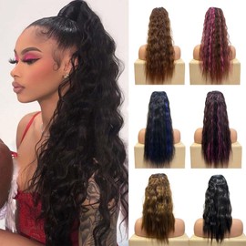 Long Wavy Ponytail Extension,Multicolored Hairpiece/Clip for Women,Synthetic Fake Ponytail for Daily/Parties/Gatherings/Cosplay/Weddings (Black+Blue(Hairpiece), 23.5inch)