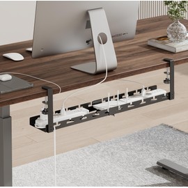 ARES WING 17"-28.7" Extendable Under Desk Cable Management Tray with Cable Slots, Clamp On Cord Organizer Holds Up to 11 lbs, Black Metal Under Desk Storage for Office and Gaming Accessories
