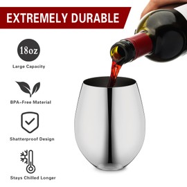 WOTOR Stemless Stainless Steel Wine Glasses Set of 4, 18oz Unbreakable Metal Wine Glass, Fancy, Unique Wine Goblets for Outdoor, Travel, Camping and Pool, Ideal Gift for Wine Lovers (Silver)
