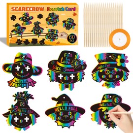WATINC Fall Scarecrow Scratch Cards - 60pcs Autumn Scratch Art Crafts Kit for Kid, DIY Magic Animal Hanging Scratch Paper, Harvest Thanksgiving Sunday School Classroom Thankful Activities Project
