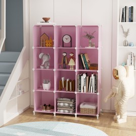AWTATOS Cube Storage Organizer Protable Closet Organizers and Storage for Kids DIY Stackable 12 Cube Storage Shelves Clothes Organizer for Bedroom, Home, Pink