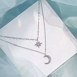 Necklace Jewellery Chains Women Men Necklace 925 Sterling Silver Double Layer Star Moon Clavicle Chain Necklace for Women Girls Cubic Zirconia Necklace Gift