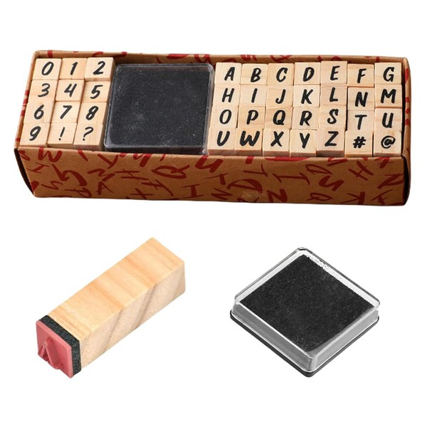 40 Piece Wooden Rubber Stamps Kits Alphabet Stamps Set Alphabet Stamps Set of Capital Letter Number and Symbol Mini Letter Stamps and Ink Pad Set for Arts Card Making Scrapbooking Rubber Stamps