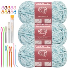 LUNARM Chenille Yarn for Crocheting Knitting, 3 Skein 263 Yard Thick Soft Chunky Fluffy Weaving Plush Yarn for Blankets Clothes Pattern Creations with Big Eye Needles (Light Green)