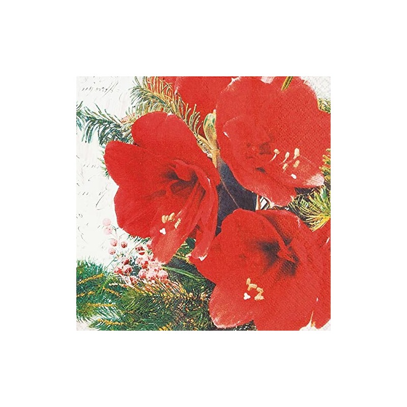 20 Small Cocktail Napkins Red Amaryllis Leaves Flowers Christmas Winter