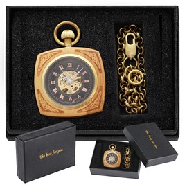 Tiong Vintage Unique Hollow Mechanical Steampunk Pocket Watch with Chain Skeleton Roman Numerals Pocket Watches for Men Gifts & Box, Black / Brown, Retro