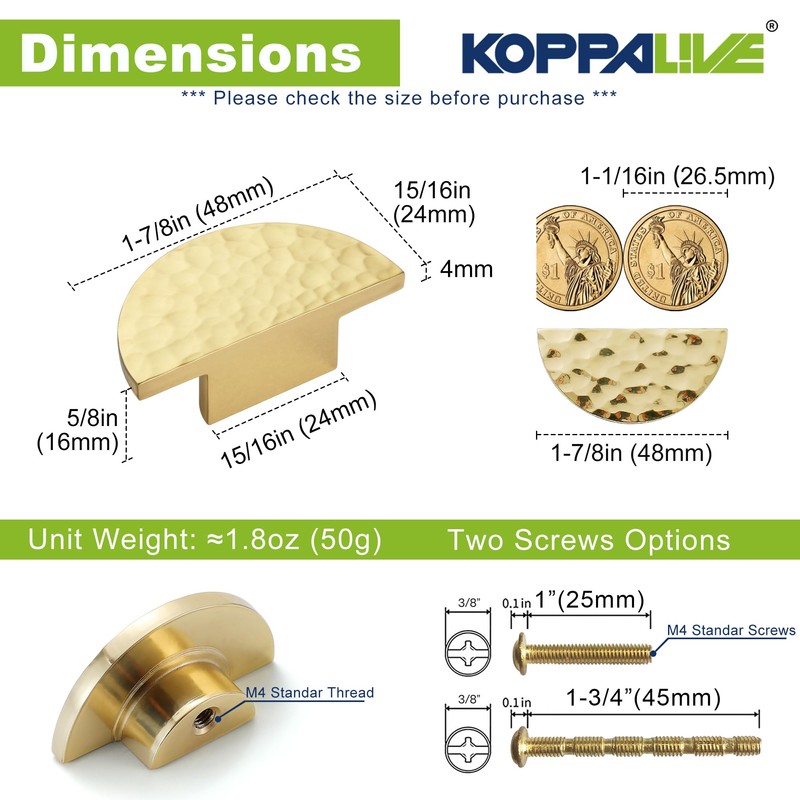 KOPPALIVE 10-Pack Solid Brass Cabinet Knobs, Semicircle Gold Drawer Knobs,