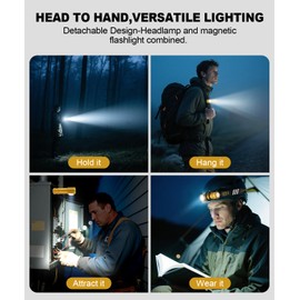 Spriak 3,000 Lumens LED Rechargeable Headlamp for Adults - Hard Hat Light Running Head Lamp with Red Light, Magnet, 180° Tilt, 7 Modes, Detachable Flashlight & Headband, Outdoor, Emergency 1PC, Gold