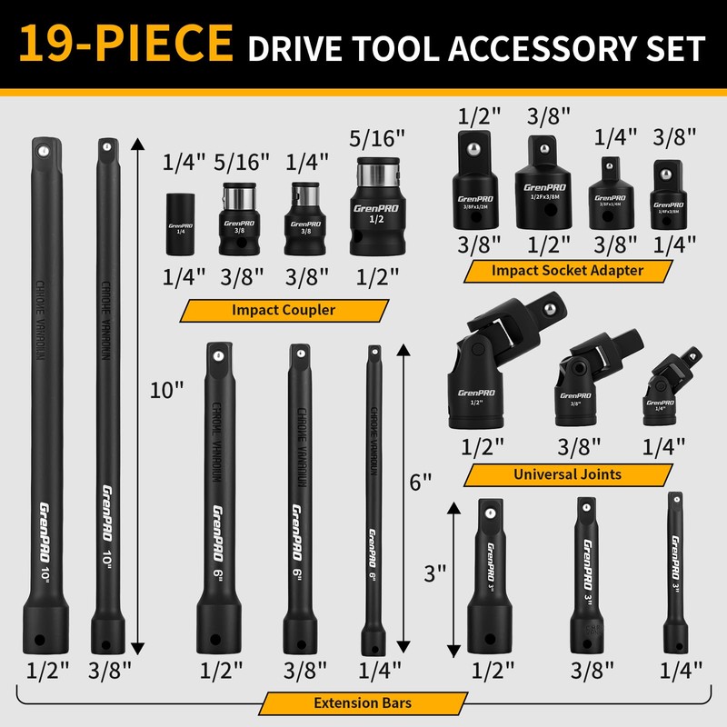 GRENPRO Impact Socket Extension Set 19-Piece 50BV30, Socket Extension Bar,