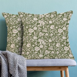 Floral Throw Pillow Covers 24x24 Set of 2, Flower Print Linen Decorative Pillow Cover Neutral Vintage Decoration Outdoor Cushion Cover Sage Green Floral Pillowcase for Sofa Couch Farmhouse Room