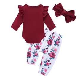 Baby Onesie Birthday Girl Outfit Long Sleeve Soft Cotton Ruffle Romper Floral Pants Headband Set 9-12 Months Red