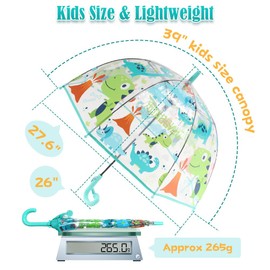 Wxjiahetai Kids Clear Bubble Umbrella Transparent Dome See Through Child Umbrellas for Rain Boys Girls with Pinch-Proof Closure and Easy-Grip Hook Handle(Clear Blue Dinosore)