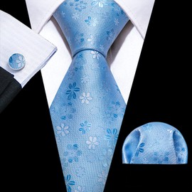 Barry.Wang Sky Blue Tie for Men Floral Silk Necktie Pocket Square Cufflinks Formal Wedding Business Prom Party