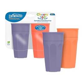 Dr. Brown's Milestones Cheers 360 Taza de transición sin boquillas, apto para viajes y sin fugas para bebés y niños pequeños, coral y morado, sin BPA,