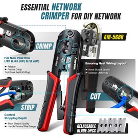 AMPCOM Ethernet Crimping Tool Kit 7-in-1 RJ45/RJ11 Network Tool Kit for Cat6/Cat5e/Cat5 RJ45 Connectors with 110 Punch Down Tool Wire Stripper in Portable Waterproof Bag
