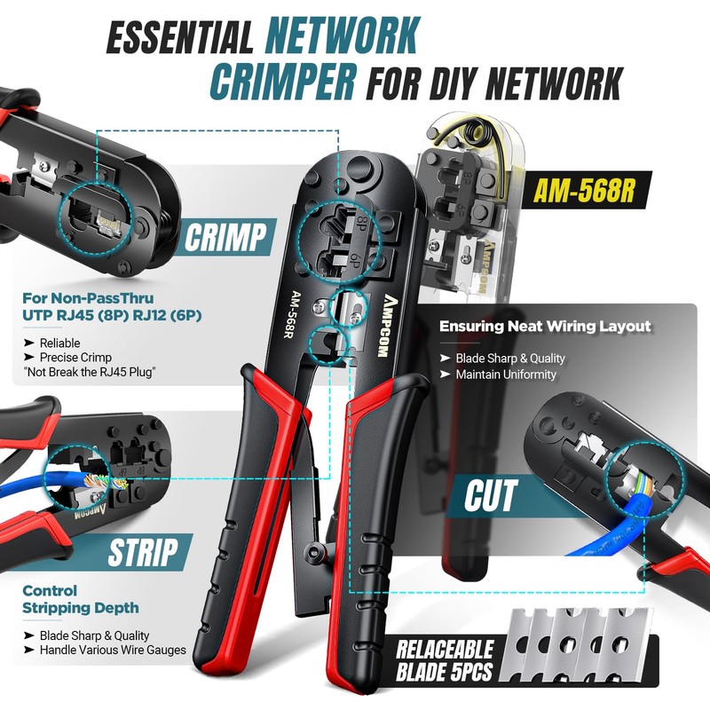 AMPCOM Ethernet Crimping Tool Kit 7-in-1 RJ45/RJ11 Network Tool Kit