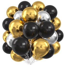 KALOR Metallic Gold Silver and Black Balloons, 60 Pcs 12 Inch Metallic Gold Silver Chrome Latex Balloons for Baby Shower Birthday Bridal Shower Wedding New Year Graduation Party Decorations