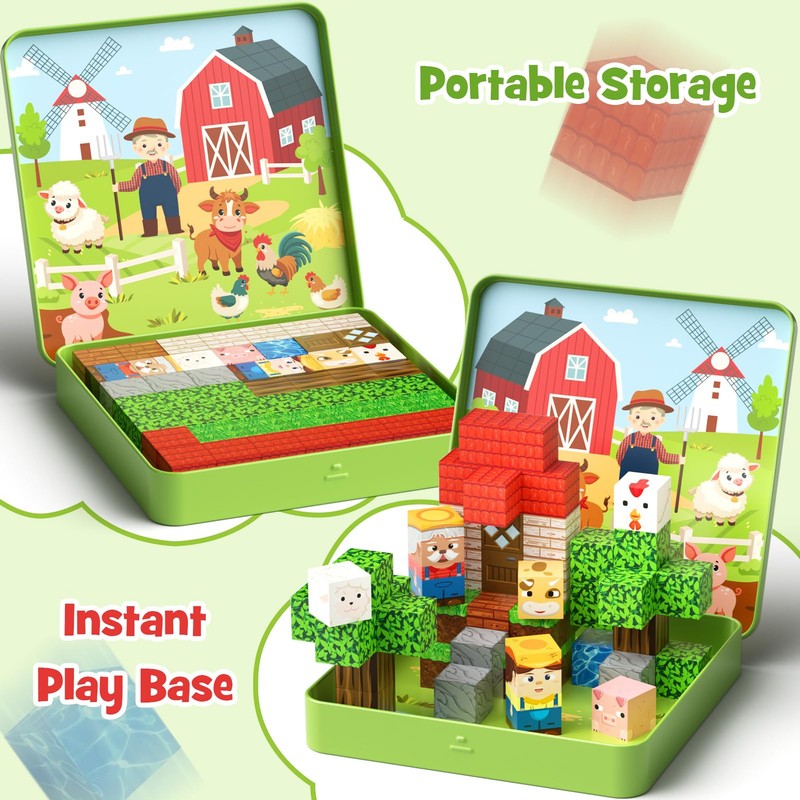 Magnetic Building Blocks, Farm Theme STEM Mini Magnet Travel Cubes